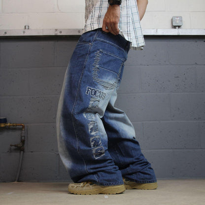 Extra baggy embroidered focus jeans y2k blue denim Loose wide leg skater surf style jeans