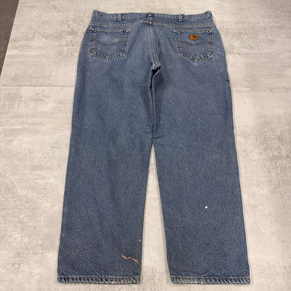 Mens Carhartt jeans W42 L30 Loose Blue fleece lined denim skate jeans patch logo