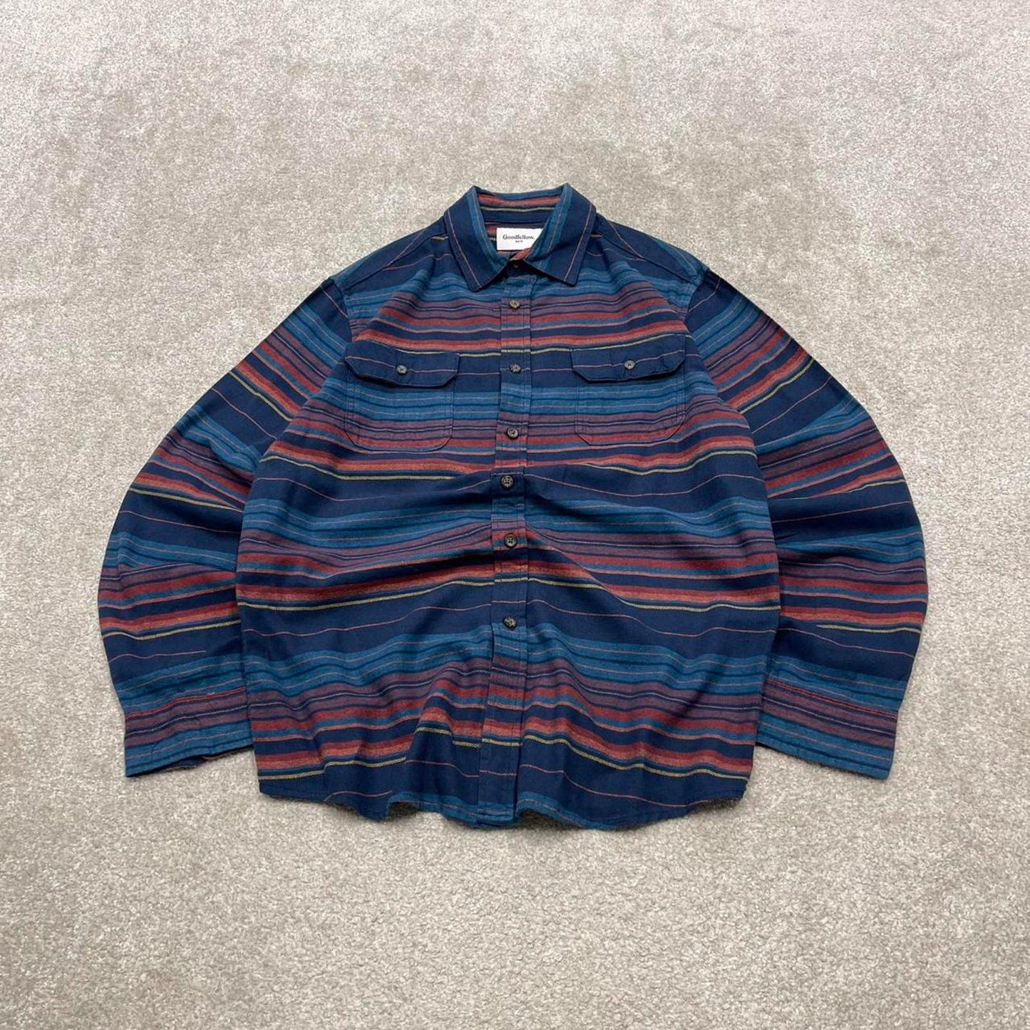 Striped flannel shirt autumnal M navy Goodfellow men's long sleeve button up y2k style