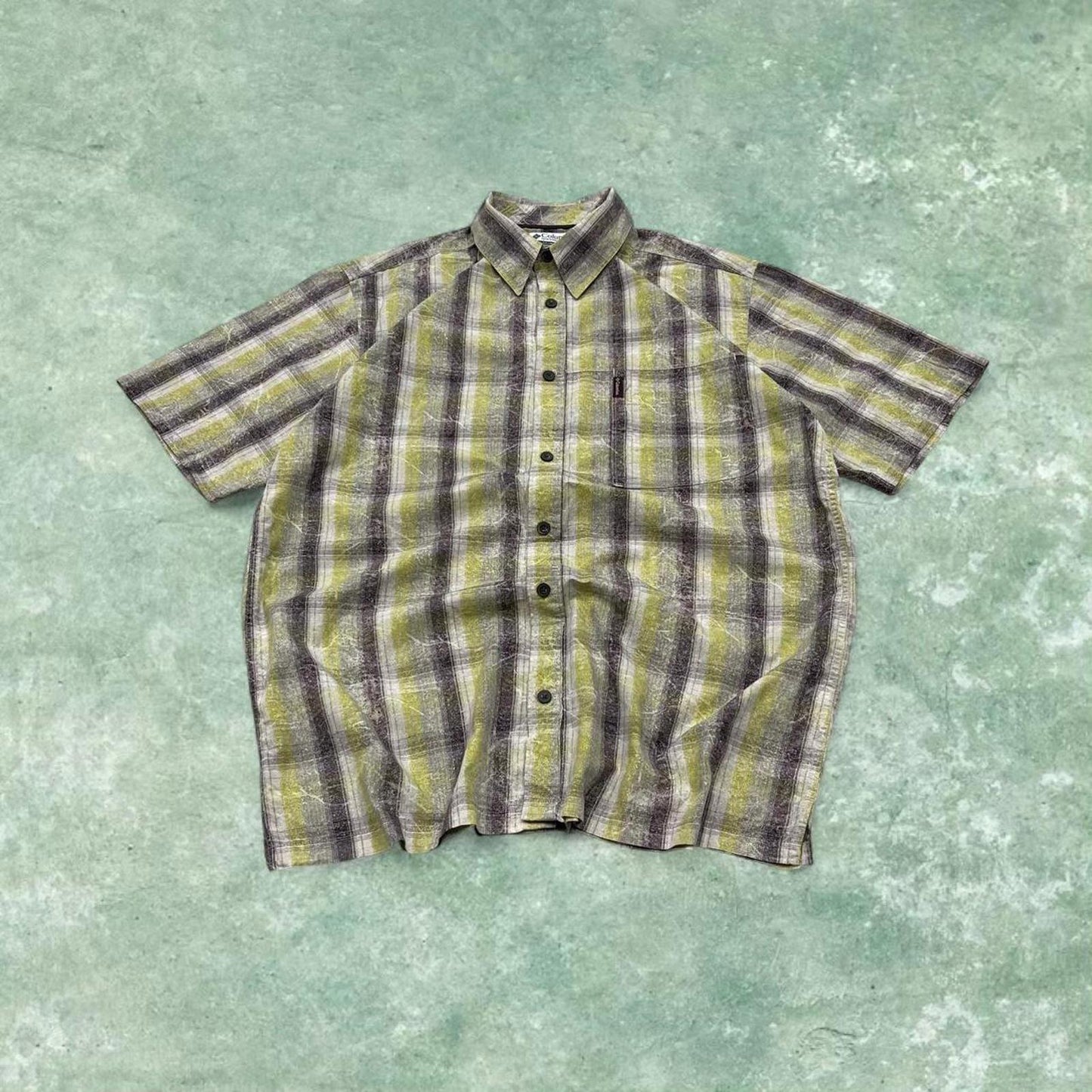 Y2K boxy fit checkered shirt short sleeve green Columbia surf style check shirt summer festival