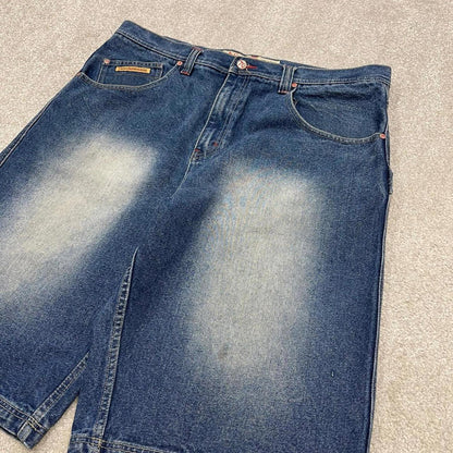 Y2k baggy carpenter shorts skater style blue Brooklyn Xpress long wide denim summer festival jorts
