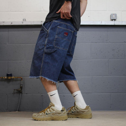 Frayed denim cargo shorts carpenter blue Benzene cut skater style jorts