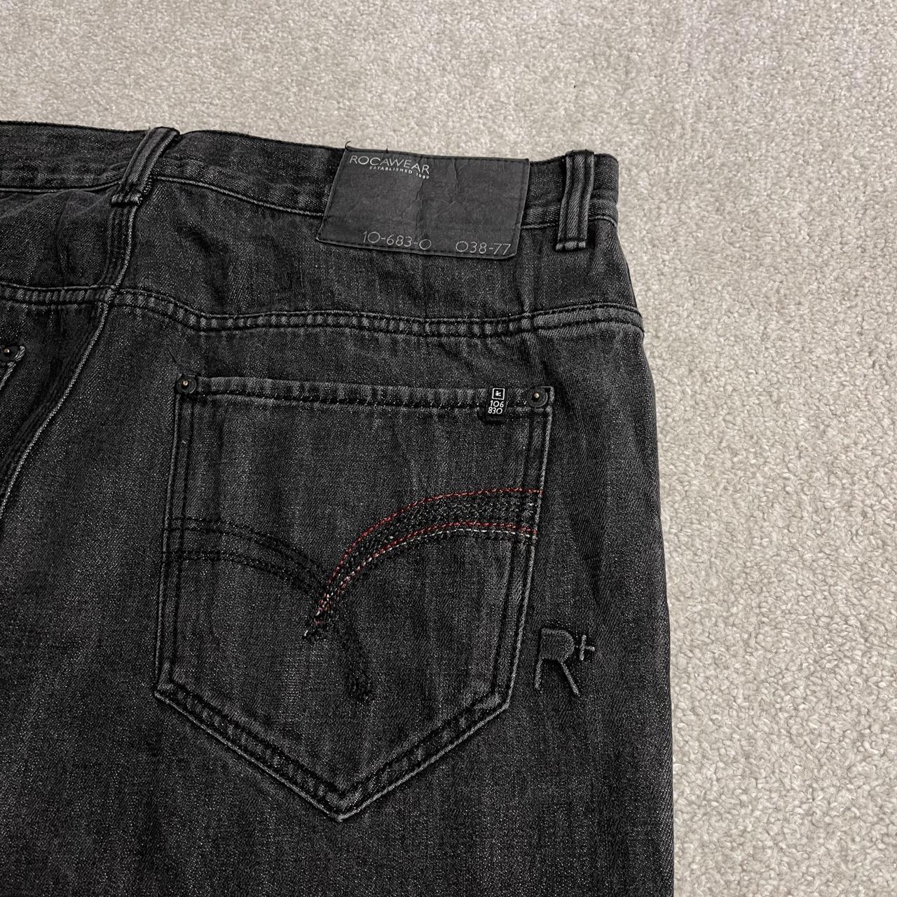 Y2K Rocawear embroidered jeans loose black denim Wide leg surf style pants embroidered stitch design