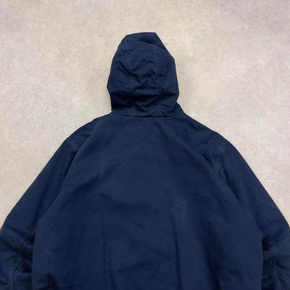 Navy Carhartt hooded active jacket XL canvas quilt lined patch logo active