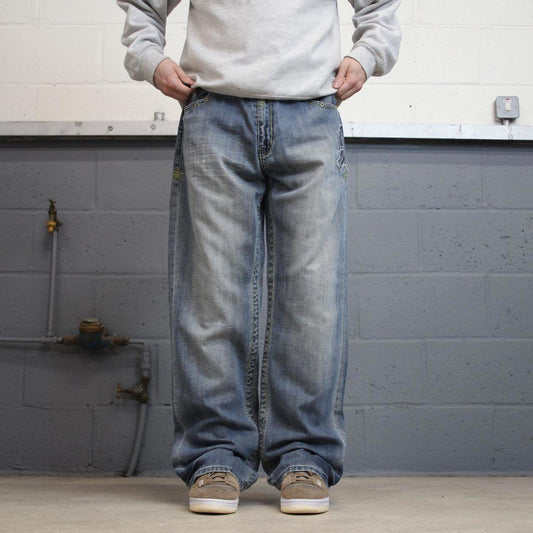 Baggy Akademiks jeans W36L33 blue wide leg denim 90s y2k style embroidered skater jeans loose
