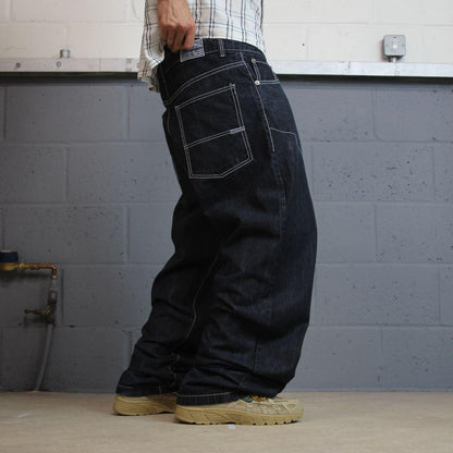 Y2K Brooklyn Xpress baggy jeans wide leg navy blue denim Loose leg surf style pants, embroidered