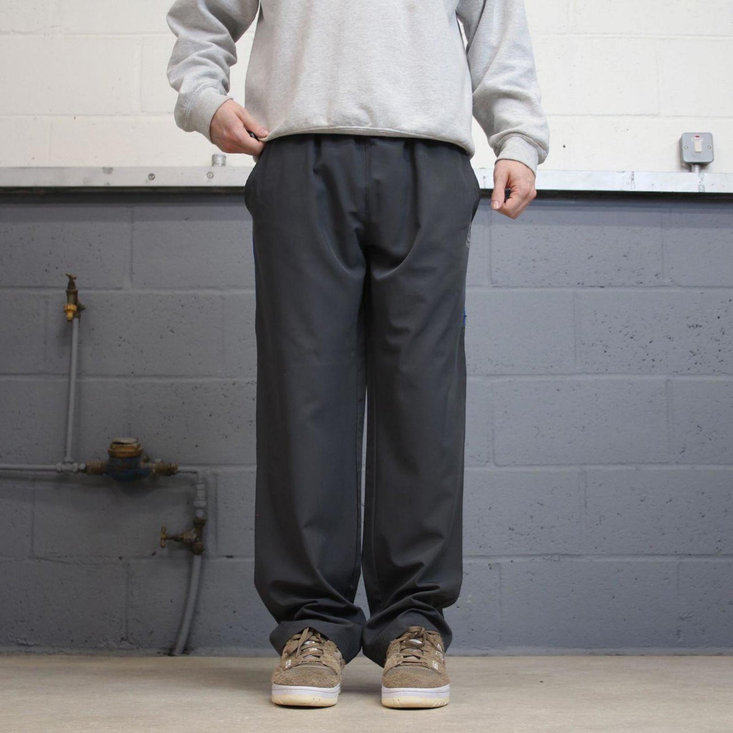 Grey Reebok trackies Large loose y2k floaty leg joggers print logo side stripe shell suit pants
