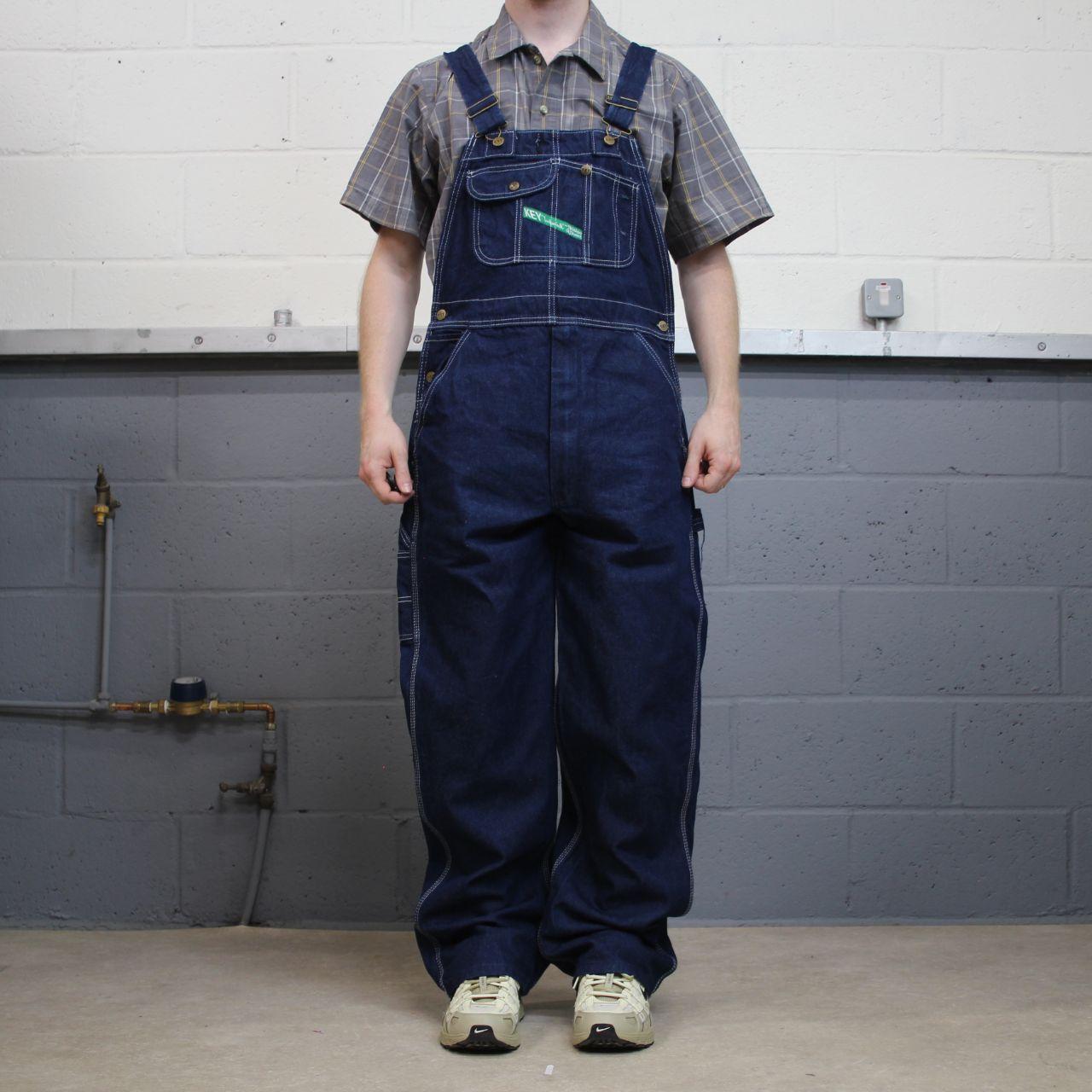 Vintage y2k denim dungarees loose leg blue Key workwear bib & brace overalls utility