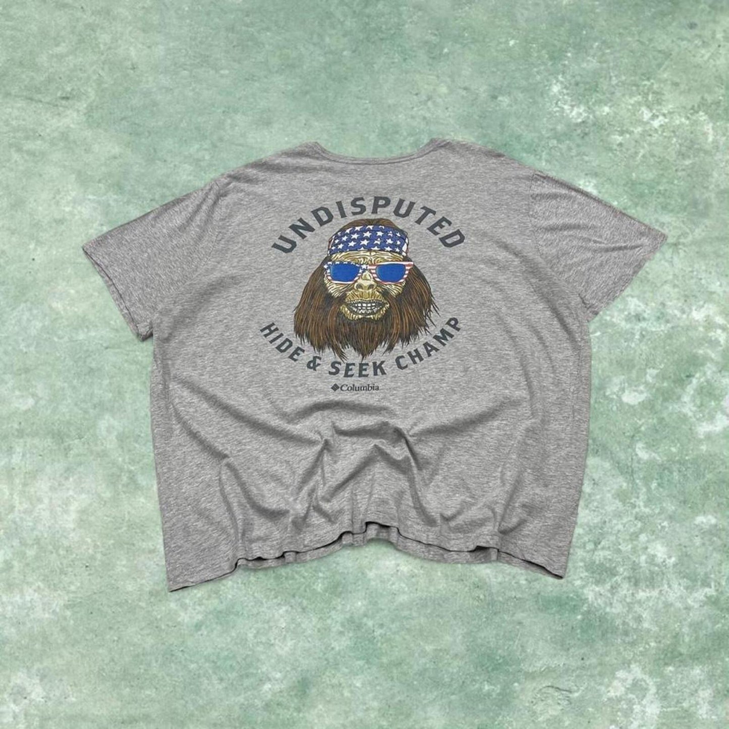 Columbia boxy t-shirt graphic tee grey Y2K surf style Big Foot design top summer