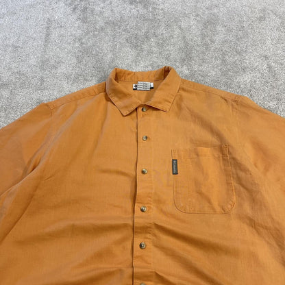Columbia technical short sleeve shirt orange Festival style button down summer hiking shirt