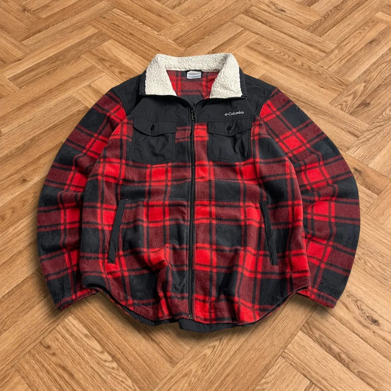 Y2K Columbia checkered fleece shirt red full zip mens large autumnal technical shirt