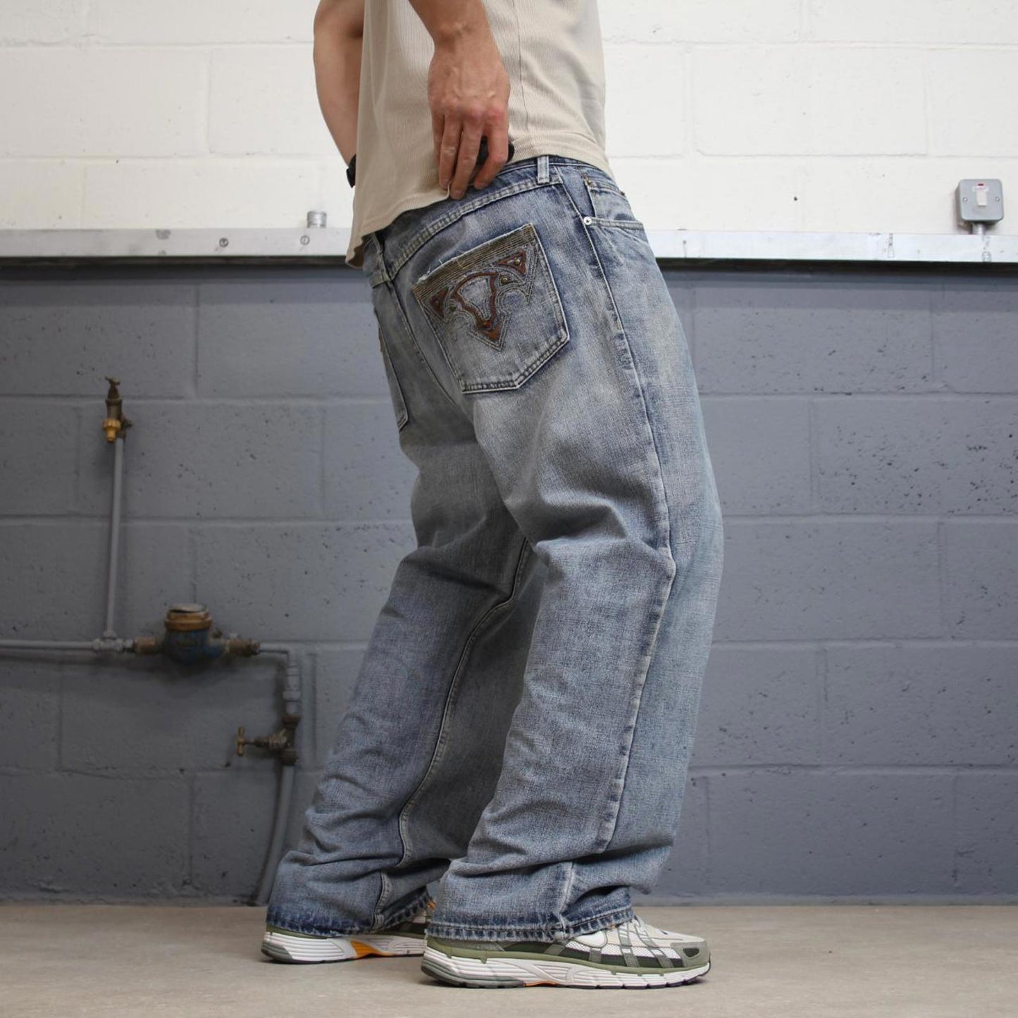 Blue Route 66 baggy skate jeans W38L30 loose denim embroidered y2k style pants big stitch design