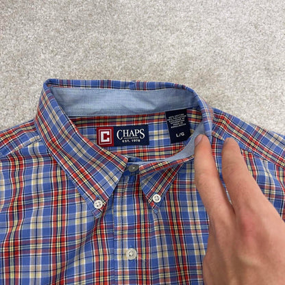 Blue Red checkered Chaps technical shirt L men's short sleeve button up autumn y2k style