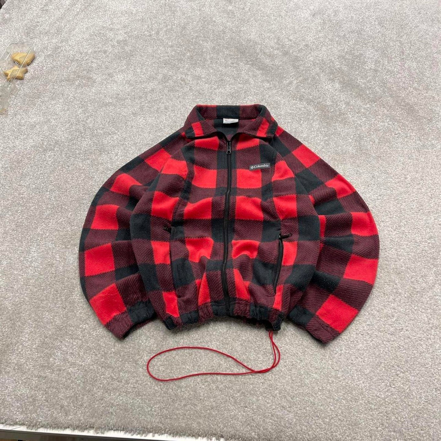 00s Columbia technical fleece S women's red check full zip up y2k style autumn adjustable waist
