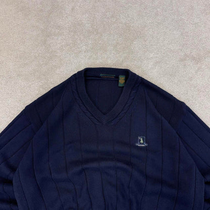Navy IZOD Club chunky knit pullover jumper L embroidered logo V neck autumn y2k style