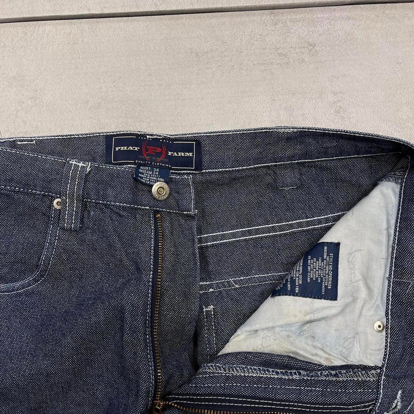 Blue baggy Phat Farm cargo jeans W34L34 loose wide leg thick denim