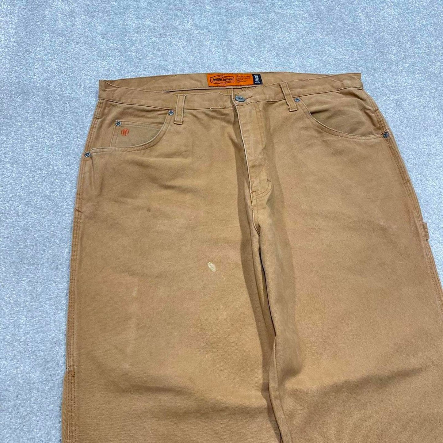 Y2K baggy carpenter jeans wide leg tan brown Loose Jesse James skate style workwear cargo pants