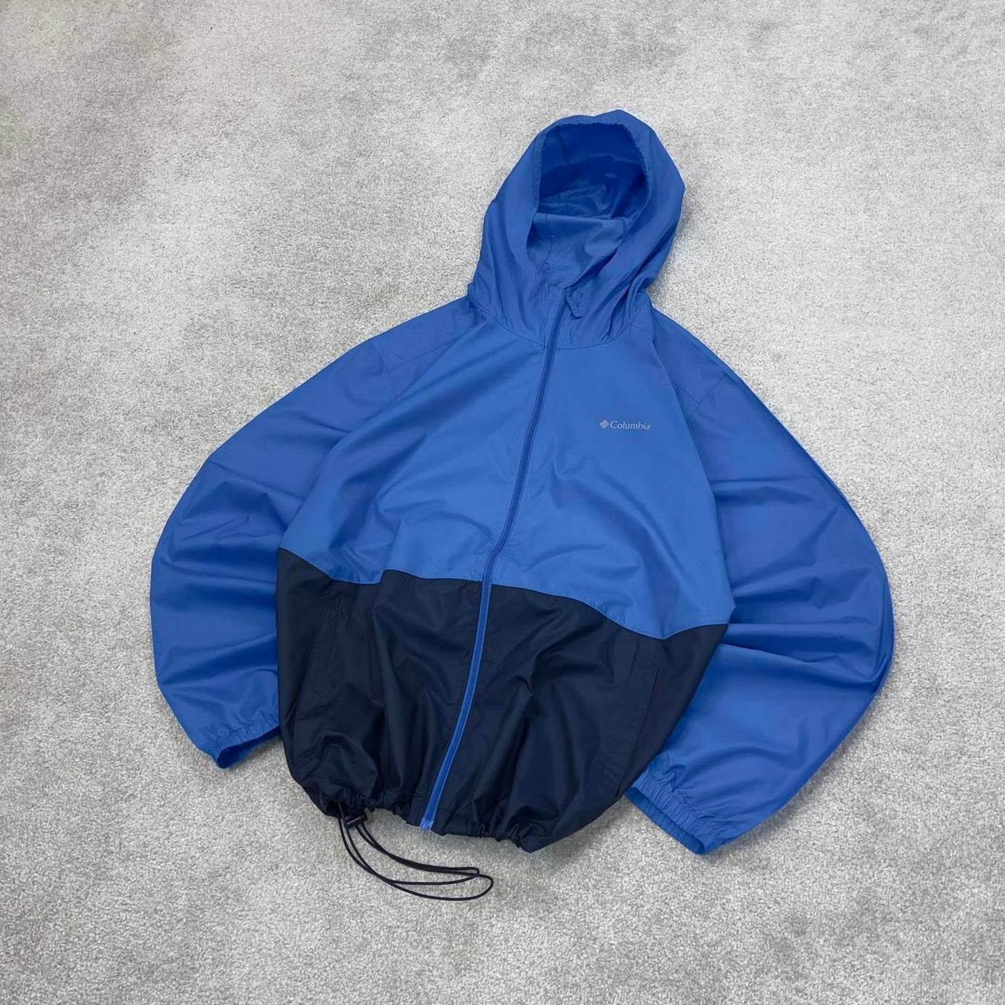 Blue Navy Columbia technical jacket M men's y2k style unlined hooded adjustable windbreaker autumn