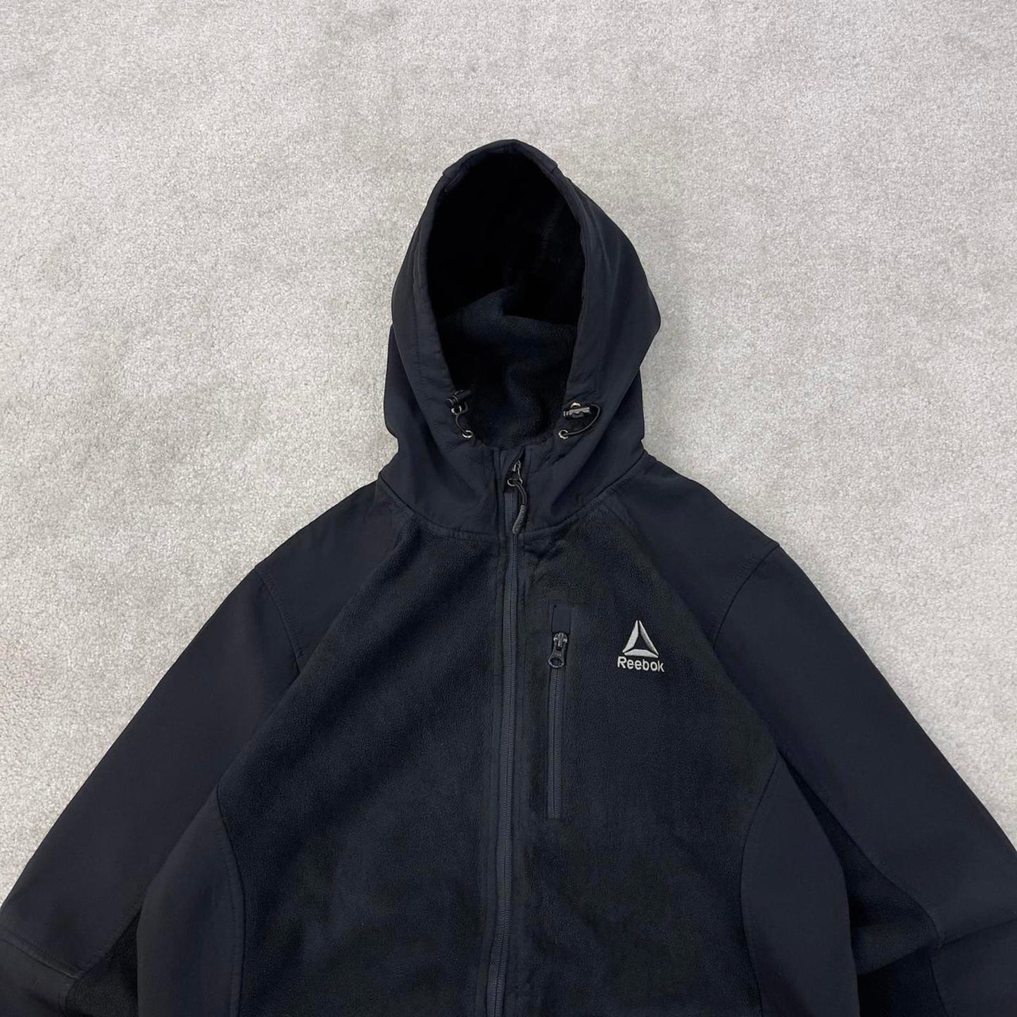 Black Reebok technical fleece jacket Medium y2k style hooded full zip embroidere hoodie