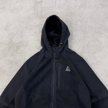 Black Reebok technical fleece jacket Medium y2k style hooded full zip embroidere hoodie