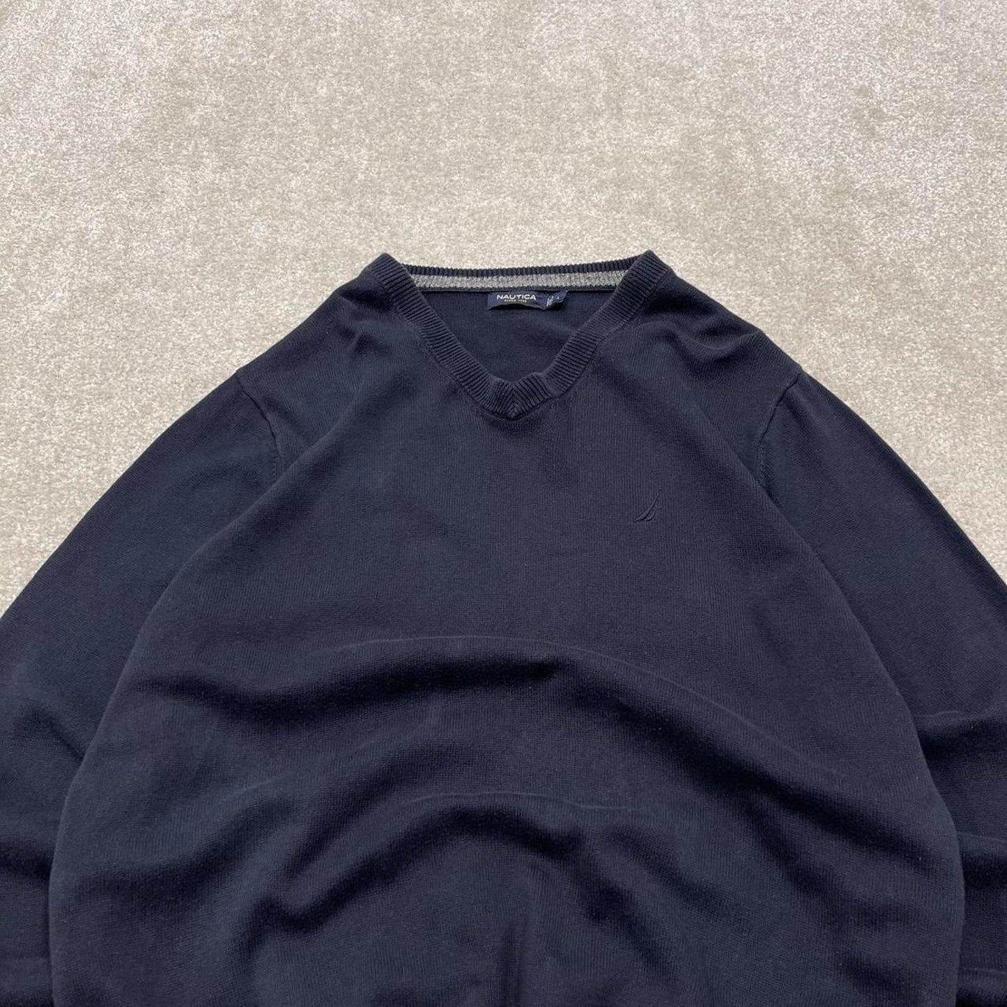 Vintage Y2K Nautica v neck knit sweater jumper navy Embroidered logo knitted pullover