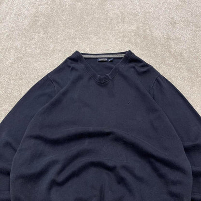 Vintage Y2K Nautica v neck knit sweater jumper navy Embroidered logo knitted pullover
