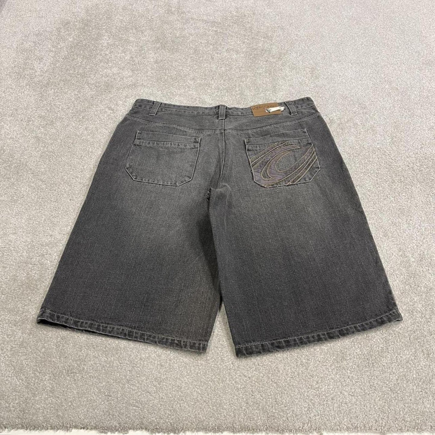 Y2k baggy embroidered denim shorts grey Wavezone loose skater style festival jorts