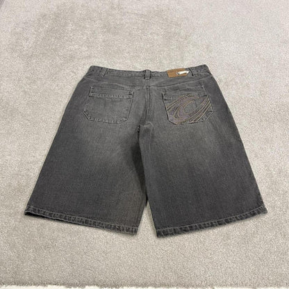 Y2k baggy embroidered denim shorts grey Wavezone loose skater style festival jorts