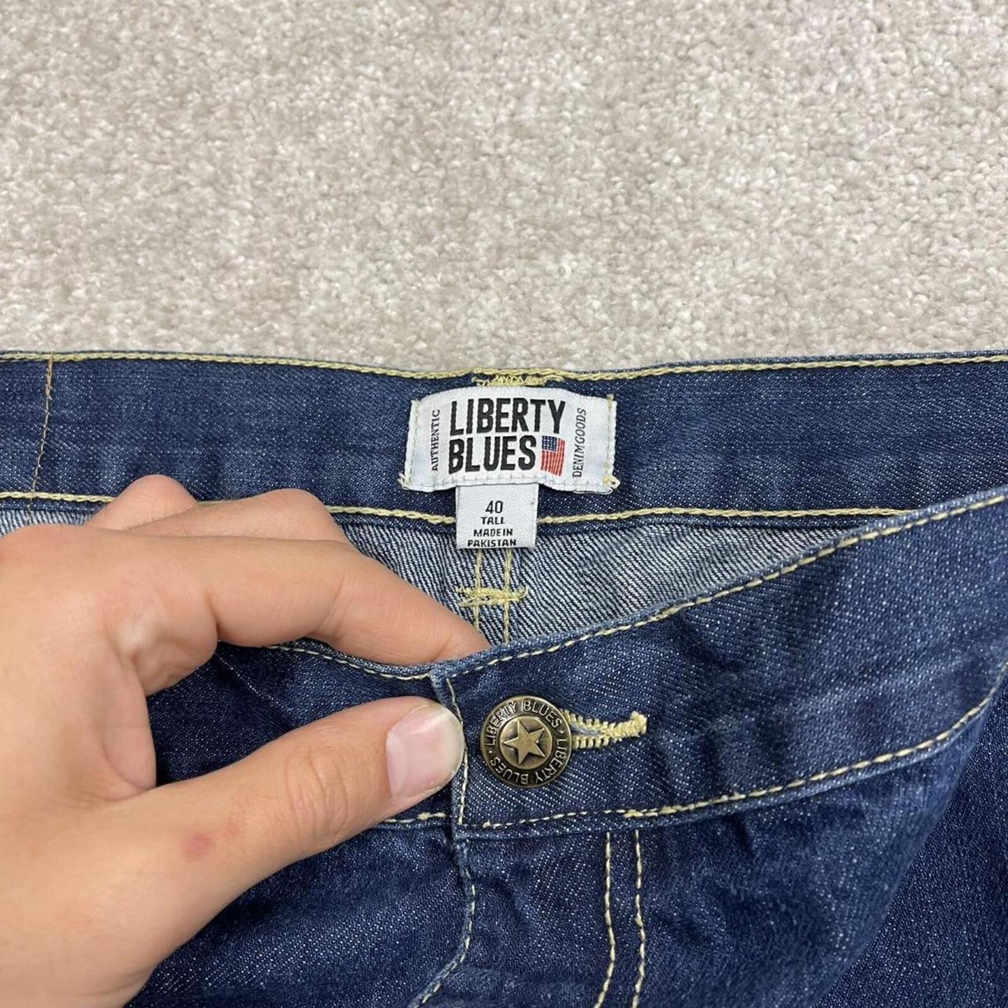 Long extra baggy denim cargo shorts blue Liberty Blues skater style carpenter jorts