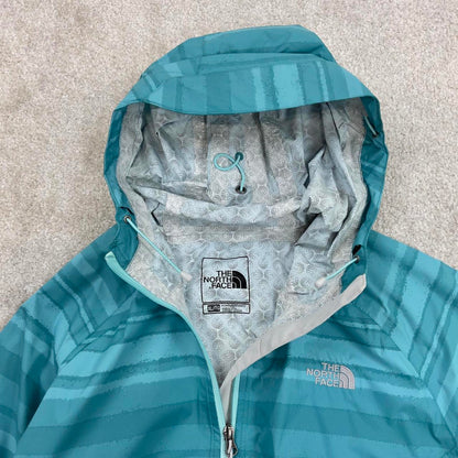 North Face technical jacket XL womens teal blue striped TNF HyVent 2.5L y2k style autumn windbreaker