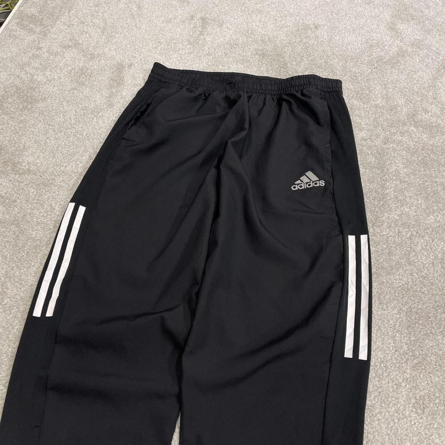 Y2k Adidas tracksuit bottoms black Lightweight drawstring track pants print logo and stripes
