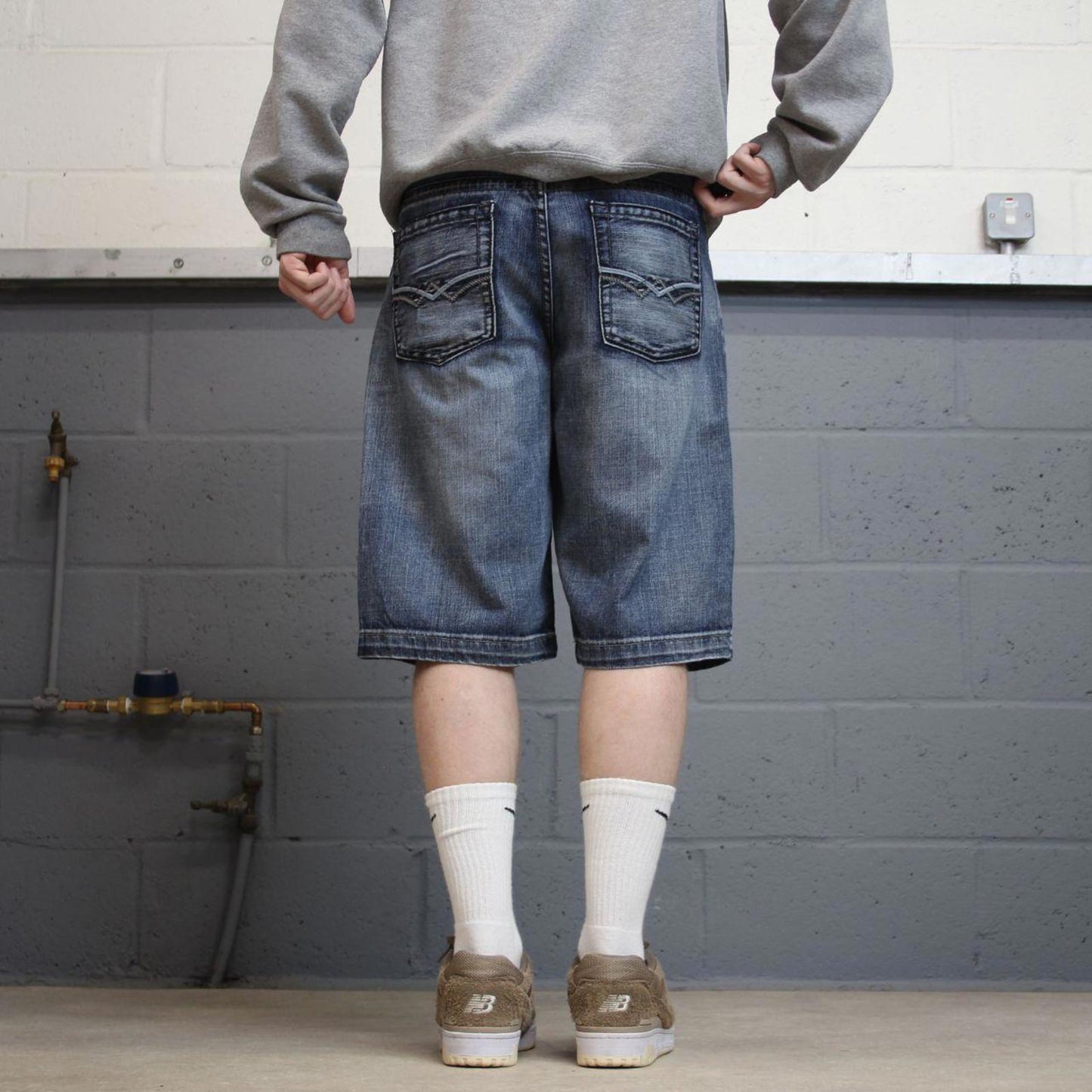 Y2K embroidered denim skate jorts blue Loose Urban Pipeline summer festival shorts