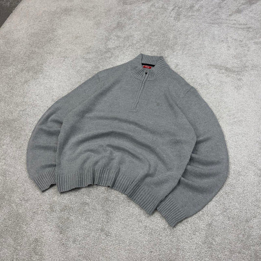 Grey IZOD chunky knit quarter zip pullover jumper XL embroidered logo 1/4 zip sweater y2k style