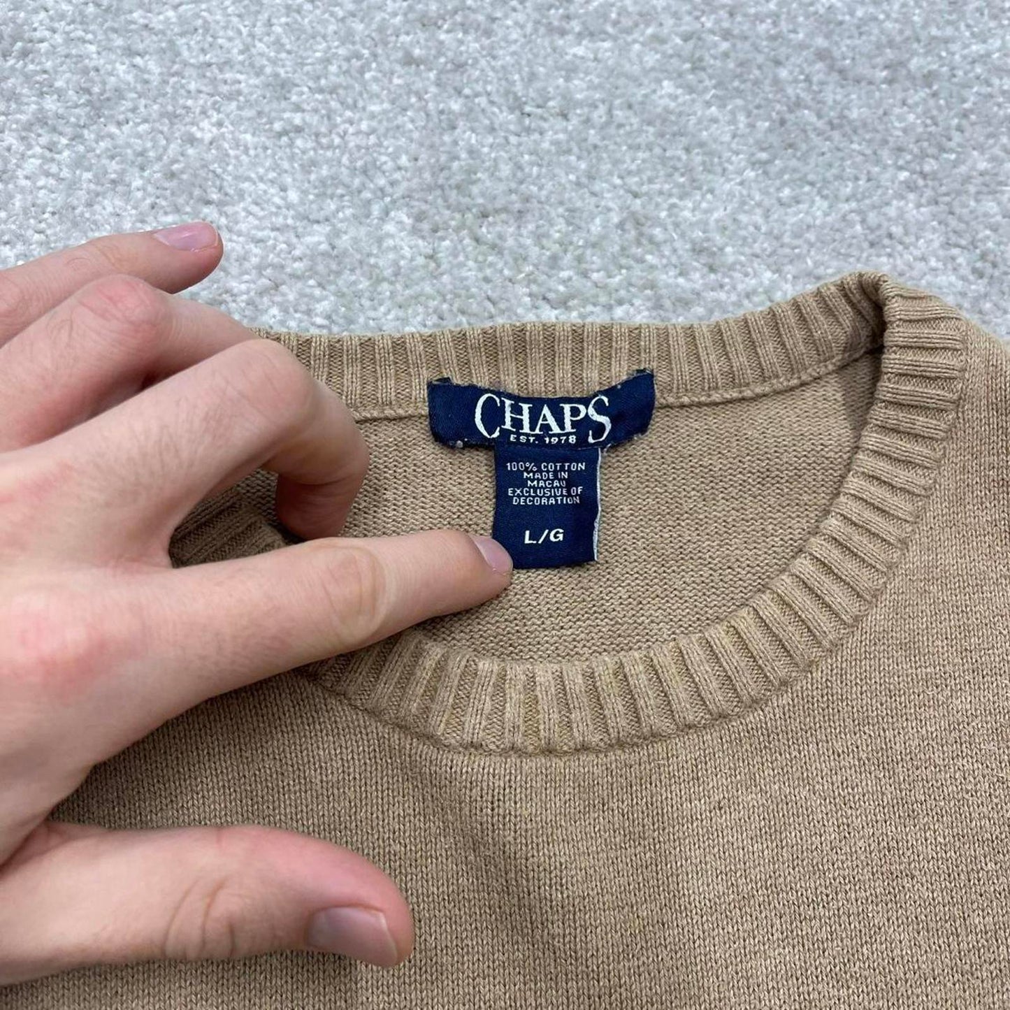 00s CHAPS knit sweater jumper L men's tan beige knitted pull over y2k style striped