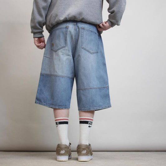 Baggy Mongoose denim shorts W34 long wide leg 90s style skater jorts tape detailing