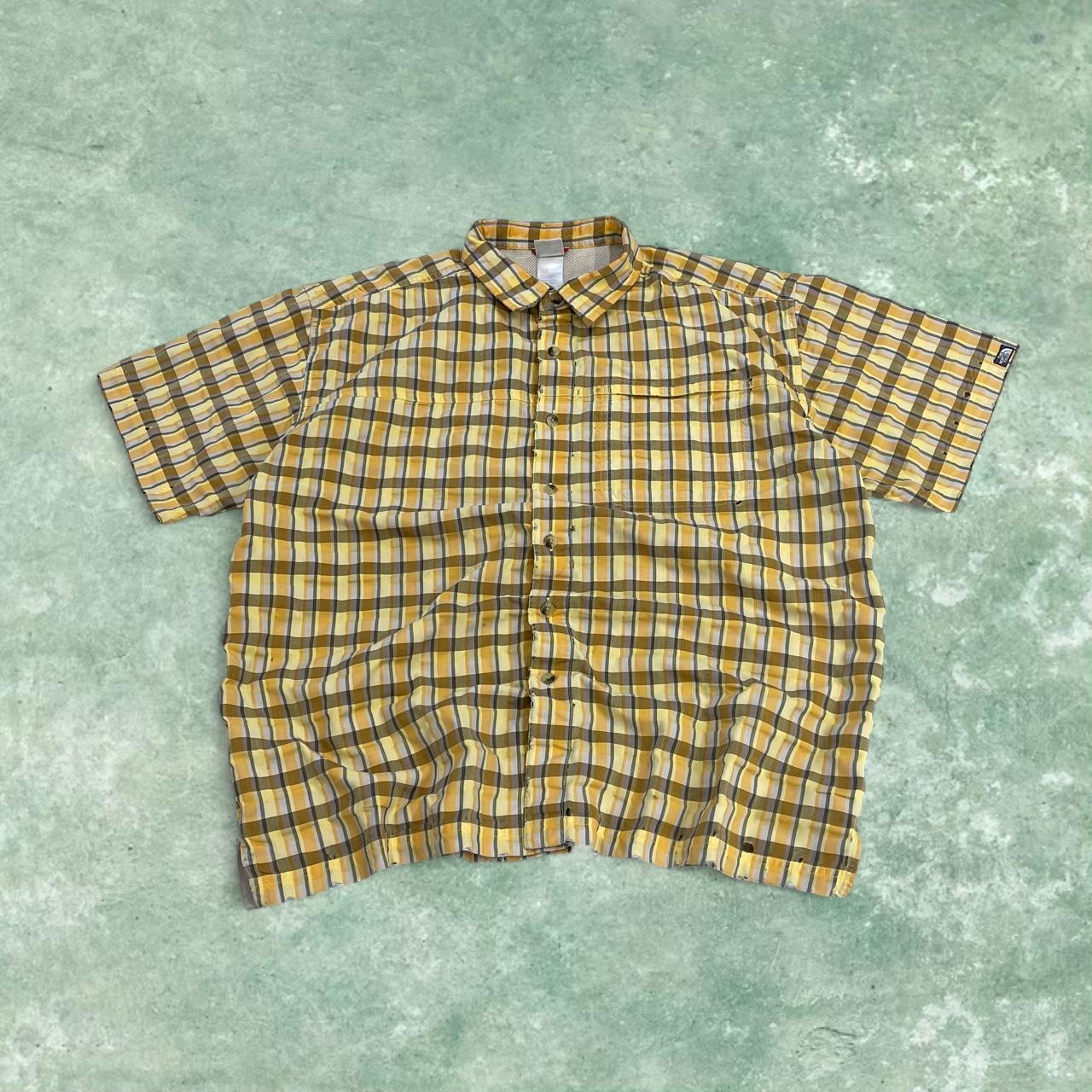 North Face checkered short sleeve shirt yellow brown TNF Festival style surf check shirt