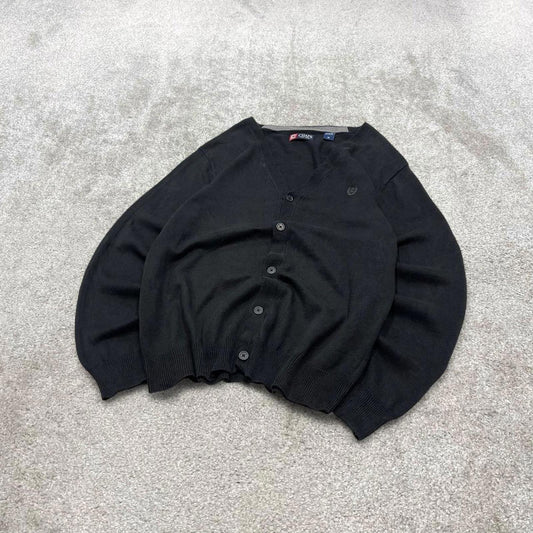 CHAPS knit cardigan jumper embroidered medium men's black knitted button up y2k 00s style