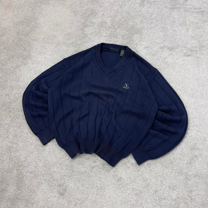 Navy IZOD Club chunky knit pullover jumper L embroidered logo V neck autumn y2k style