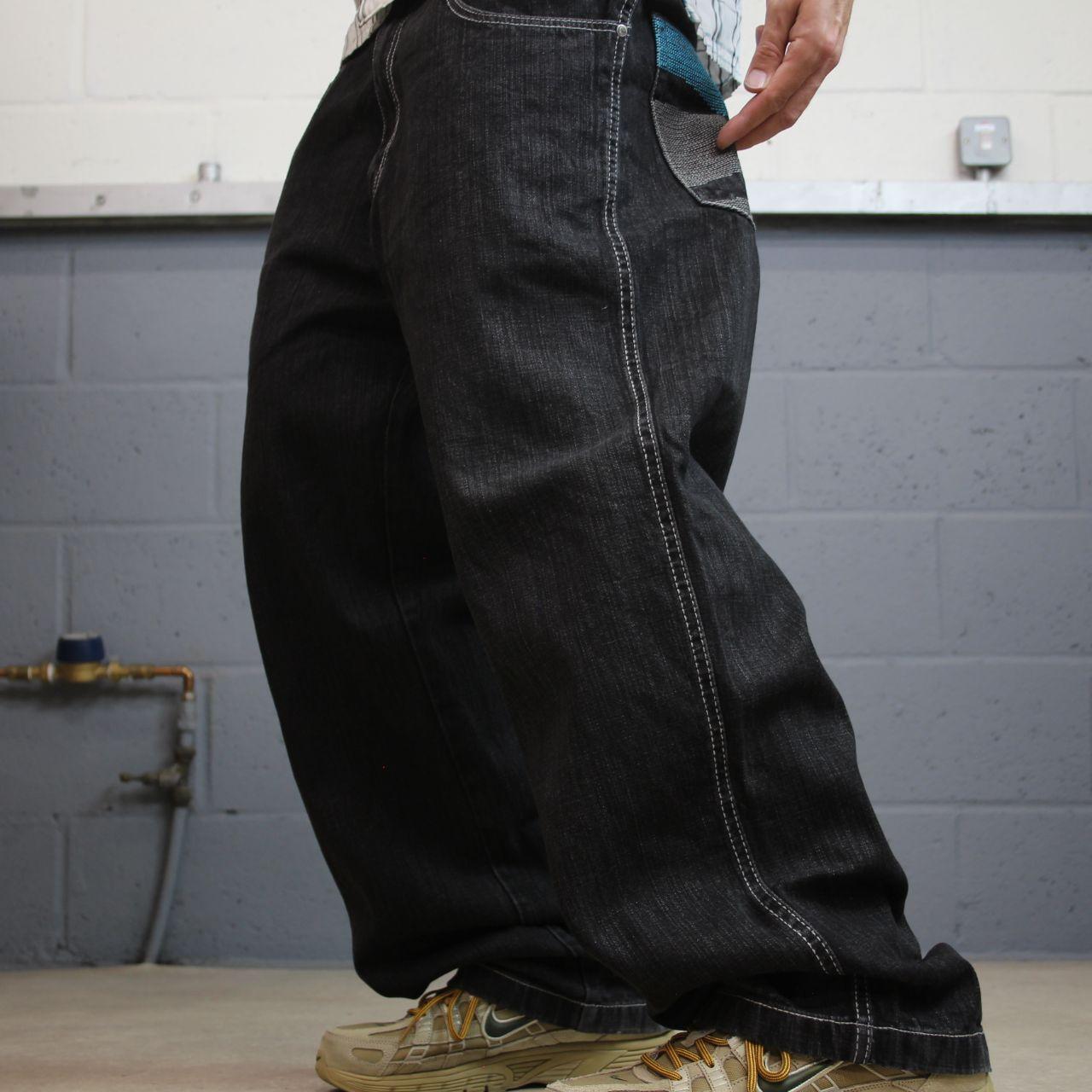 Baggy embroidered jeans y2k W36L31 black LOT29 wide leg skater style pants big embroidered designs