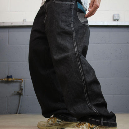 Baggy embroidered jeans y2k W36L31 black LOT29 wide leg skater style pants big embroidered designs