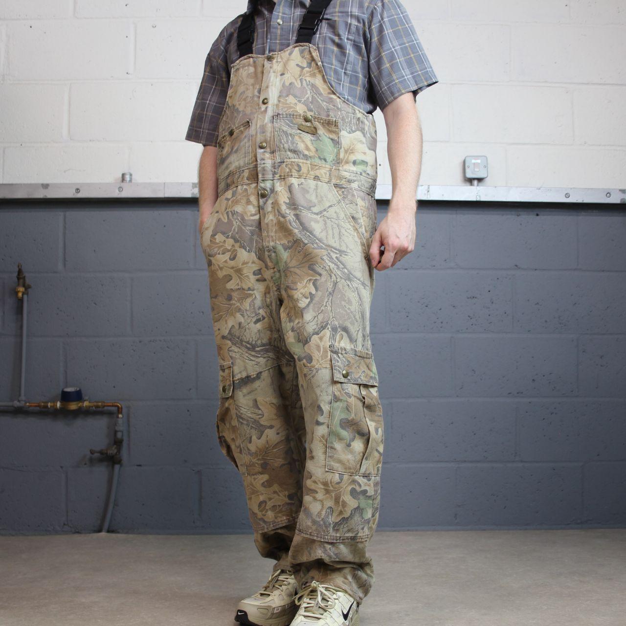 Cabela’s camo dungarees loose fit khaki Vintage Advantage camouflage bib & brace overalls cargos