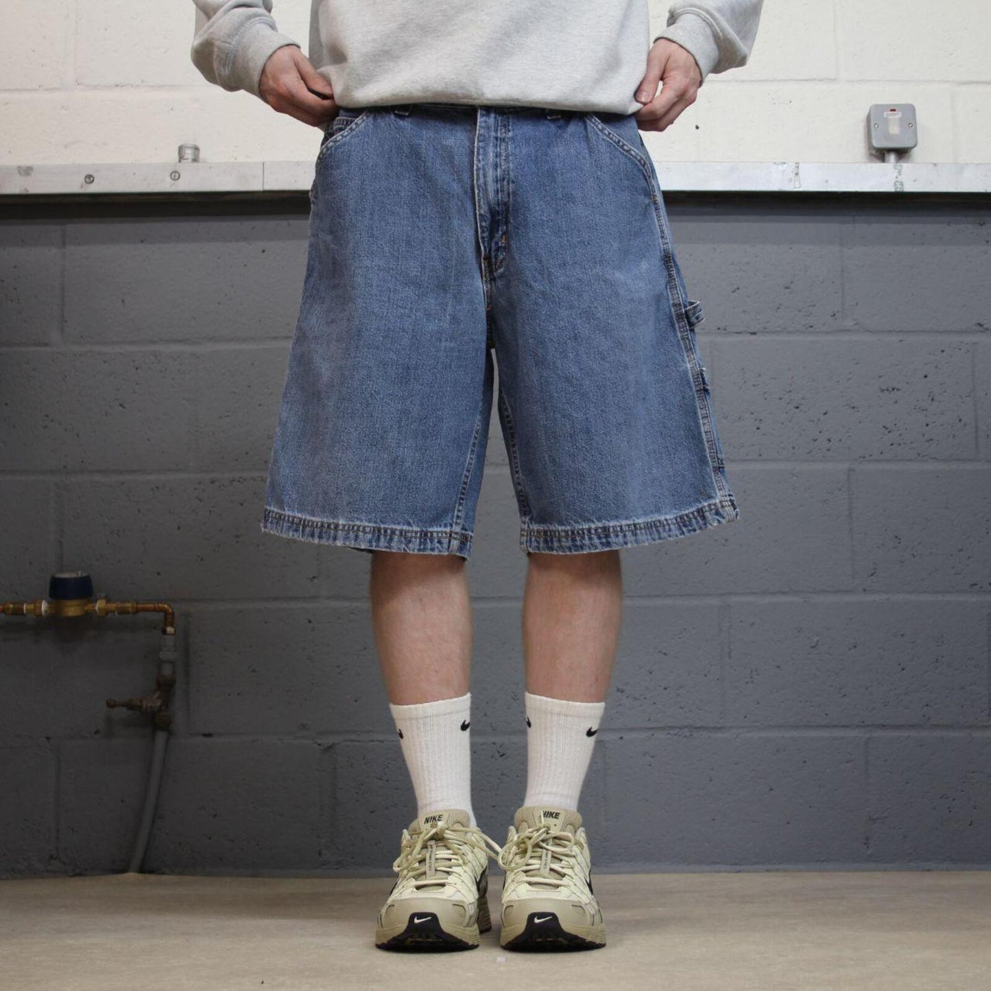 Baggy denim carpenter shorts cargo blue Faded Glory skater style surf jorts