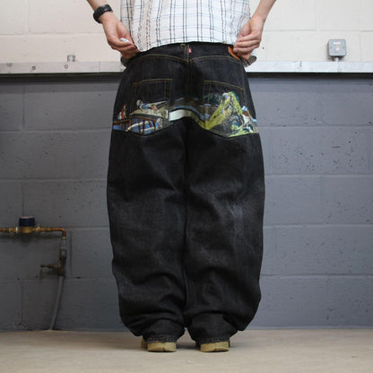 RMC baggy embroidered jeans y2k Japanese style W42L34 black Red Monkey Company LOT 1001 wide leg