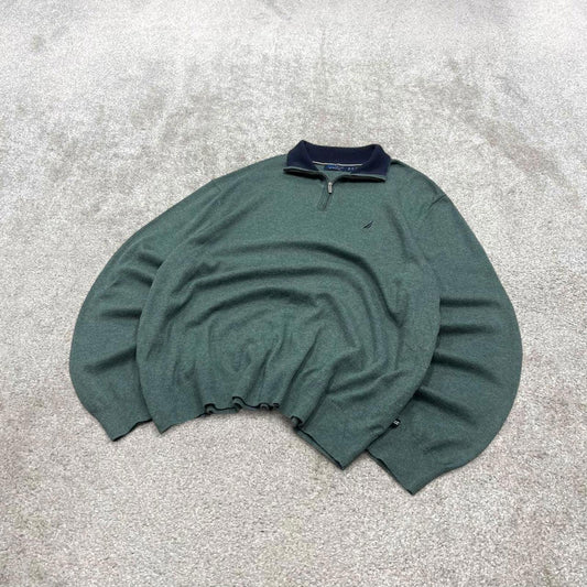 00s Nautica knit sweater jumper embroidered XL men's green knitted 1/4 zip pull over y2k 90s style