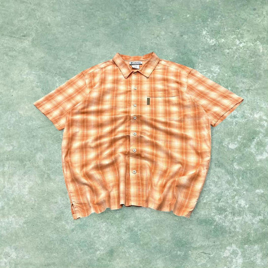 Y2K boxy fit checkered shirt short sleeve orange Columbia surf style check shirt summer festival