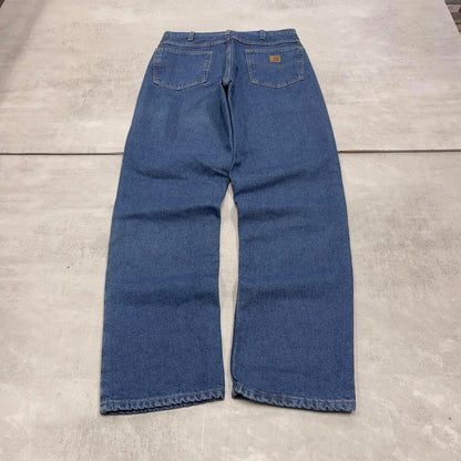Blue Denim Carhartt flannel lined jeans W32L34 baggy 90s style thick denim loose leg