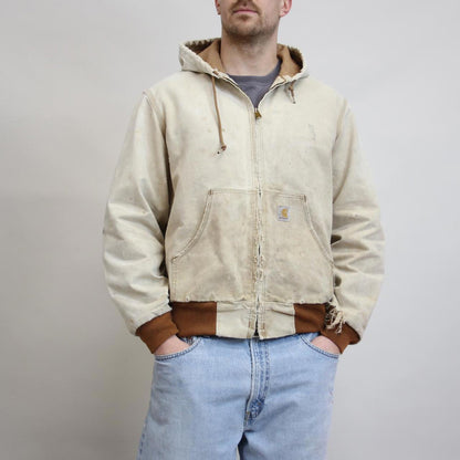 Vintage hooded Carhartt active jacket Large faded tan thrashed distressed style skater