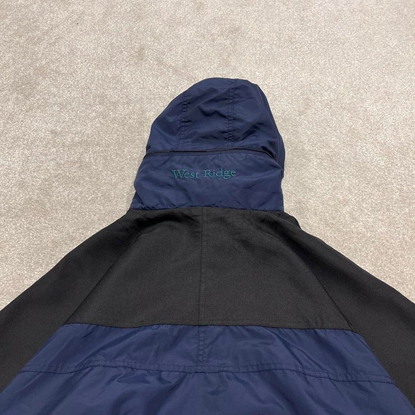 Y2K Columbia technical windbreaker jacket navy Hooded paneled tech coat adjustable