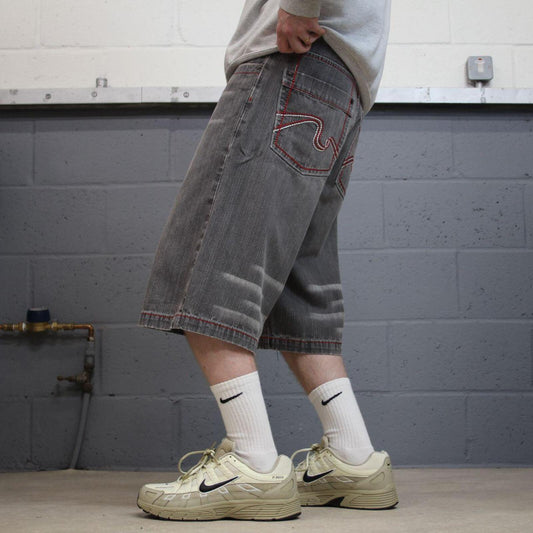 Y2k baggy embroidered denim shorts grey PJ Mark loose long skater style festival jorts