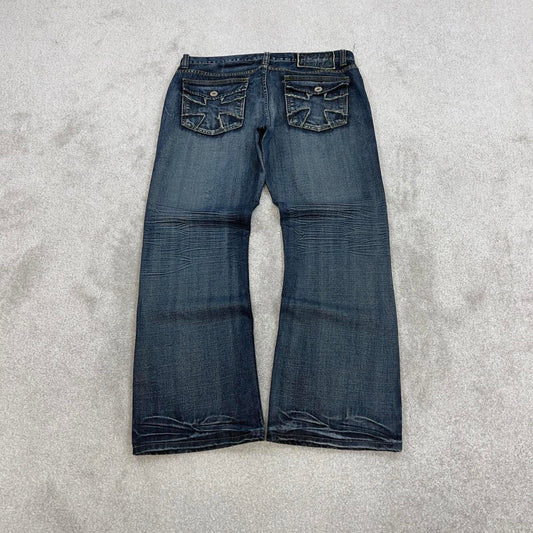 Blue embroidered Helix jeans W36L32 loose y2k 00s style jeans big cross stitch detail slim boot